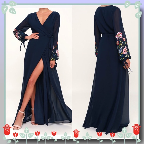 my angel navy blue embroidered long sleeve wrap maxi dress